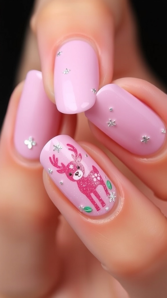 Pink Christmas deer nail art with glitter and festive designs.